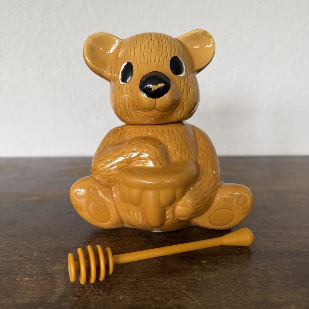 Vintage Ceramic Teddy Bear Honey Pot‎ Jar with Removable Head And Honey Dipper